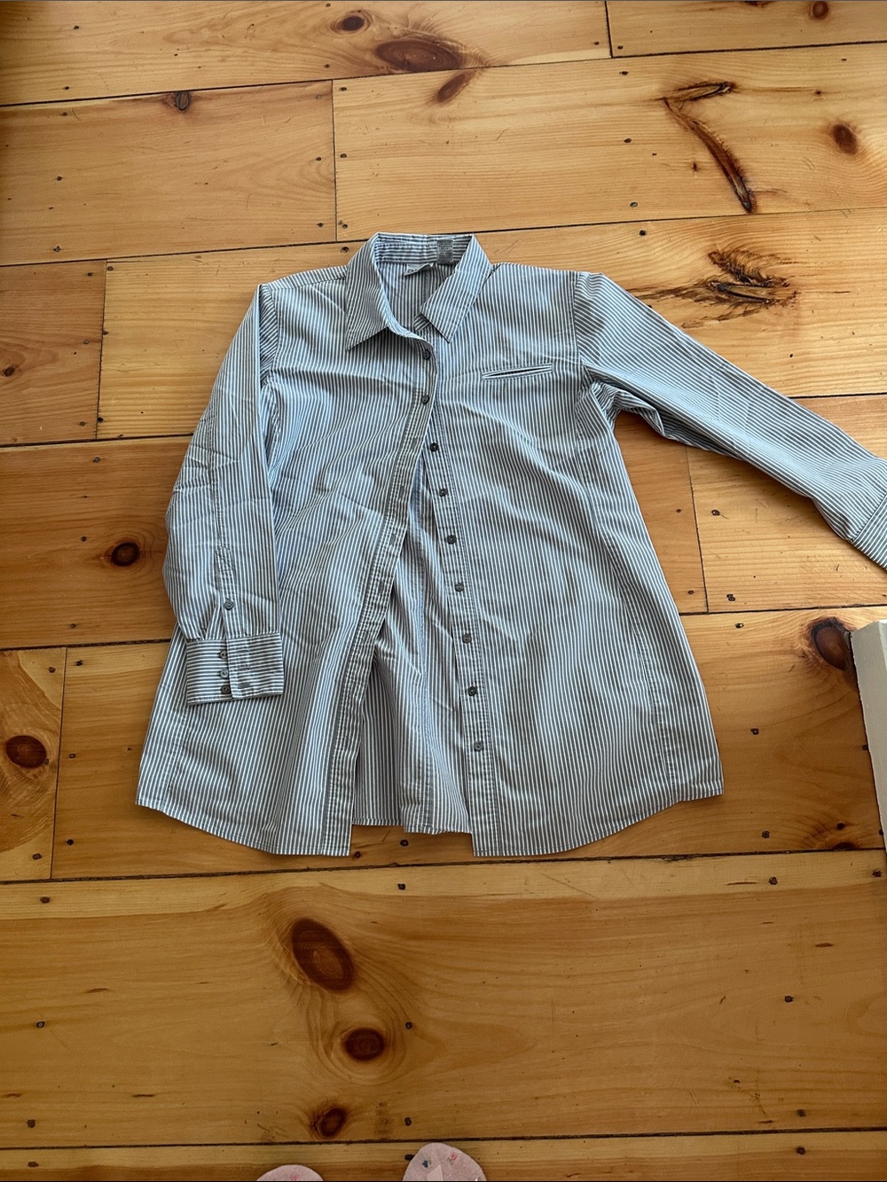 Chico's Gray and White Pinstripe Button-Down Shirt with Silver Metallic  Thread